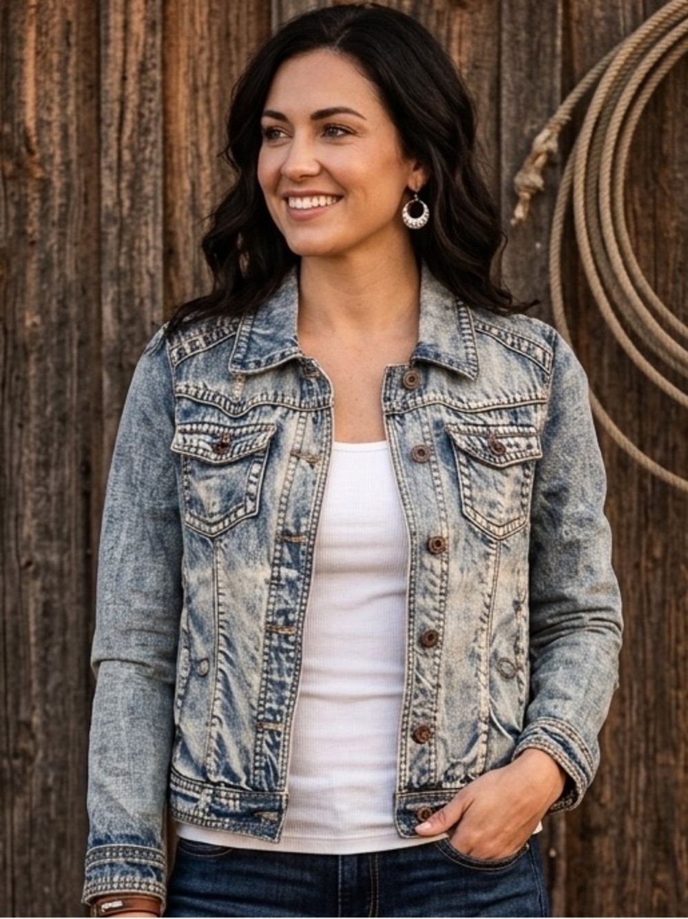 WHITE CROW Distressed Jean Jacket Stitching Detail at Pockets Small
